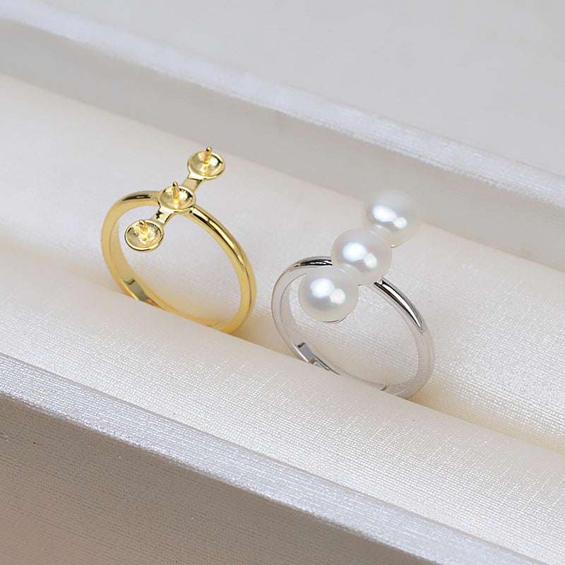S925 Sterling Silver Triple Pearls Balance Beam Pearl Ring Mounting - Feliz Pearl 
