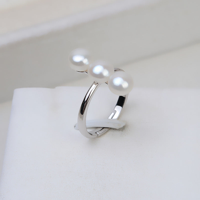 S925 Sterling Silver Triple Pearls Balance Beam Pearl Ring Mounting - Feliz Pearl 