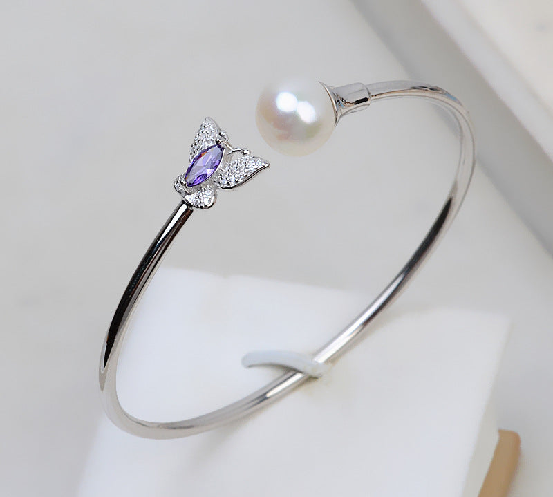 S925 Sterling Silver Butterfly Pearl Bangle Setting-Feliz Pearl - Feliz Pearl 