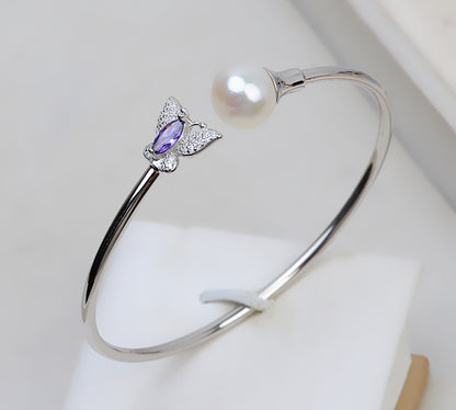 S925 Sterling Silver Butterfly Pearl Bangle Setting-Feliz Pearl - Feliz Pearl 