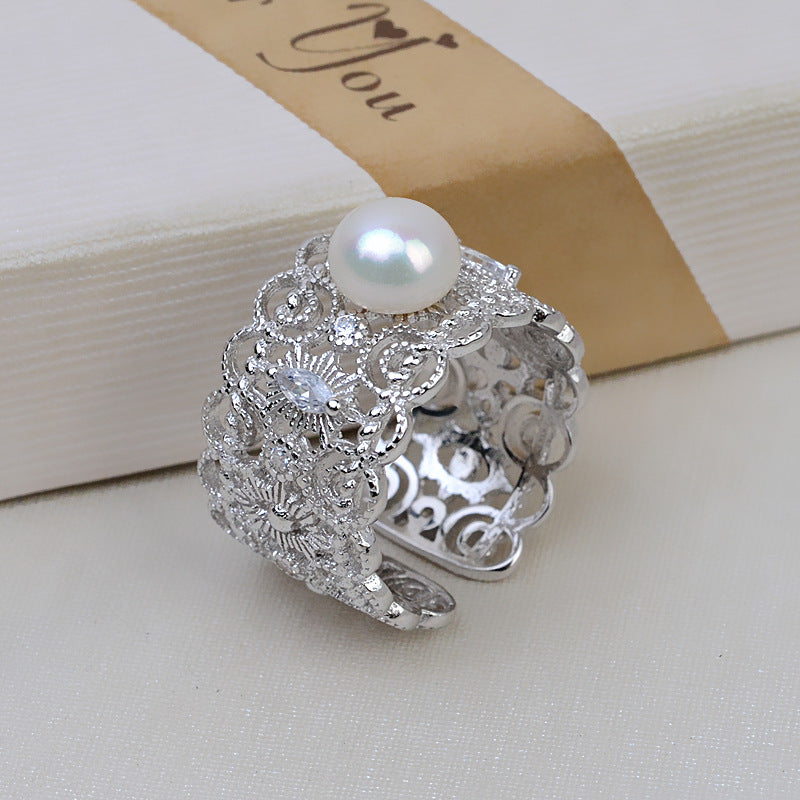Luxury Courtly Style Pearl Ring Wide Band Women Ring Setting - Feliz Pearl 