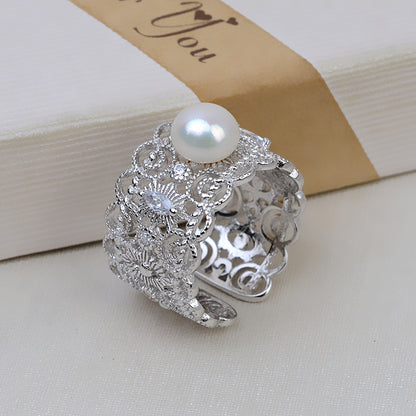 Luxury Courtly Style Pearl Ring Wide Band Women Ring Setting - Feliz Pearl 