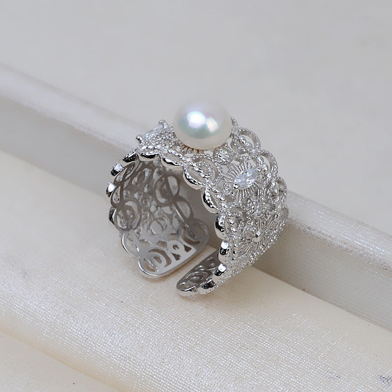 Luxury Courtly Style Pearl Ring Wide Band Women Ring Setting - Feliz Pearl 
