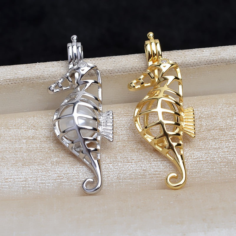 S925 Sterling Silver Seahorse Pearl Cage Pendant - Feliz Pearl 