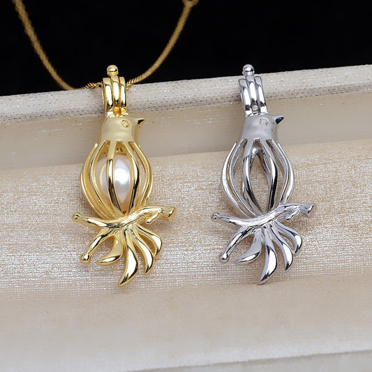 S925 Sterling Silver Bird Pearl Cage Pendant - Feliz Pearl 