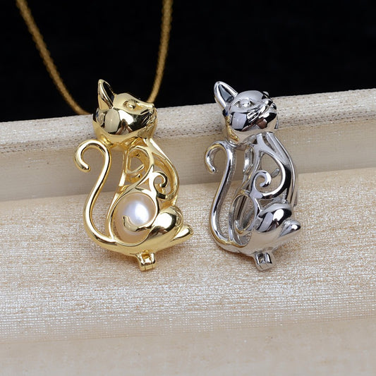 S925 Sterling Silver Elegant Cat Pearl Cage Pendant - Feliz Pearl 
