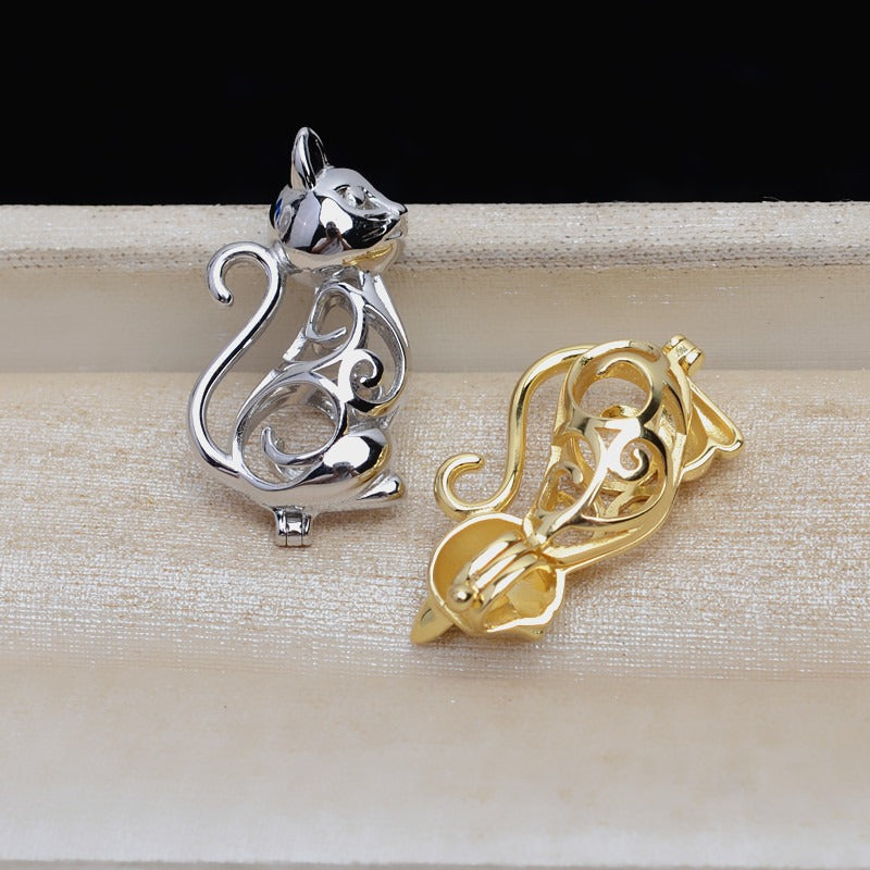 S925 Sterling Silver Elegant Cat Pearl Cage Pendant - Feliz Pearl 