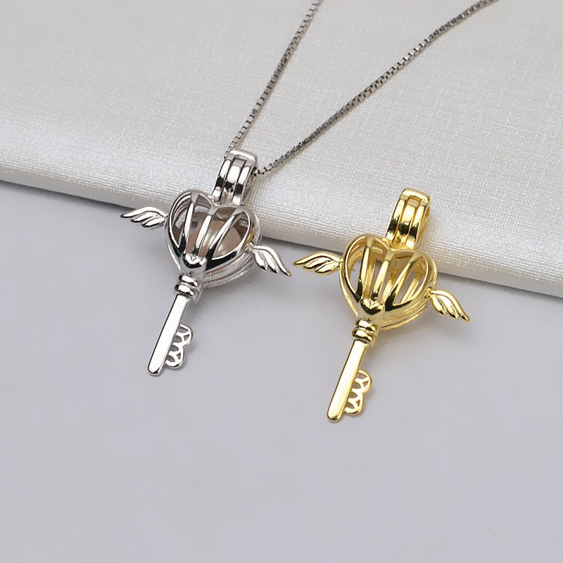 S925 Sterling Silver Angle Key Pearl Cage Pendant - Feliz Pearl 
