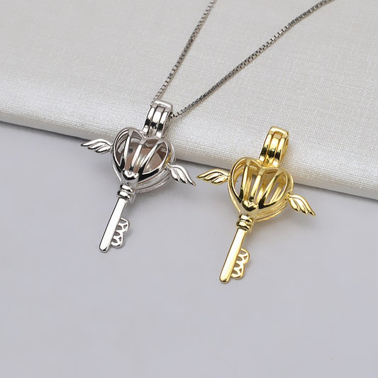 S925 Sterling Silver Angle Key Pearl Cage Pendant - Feliz Pearl 