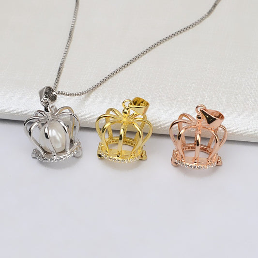S925 Sterling Silver Cubic Zirconia Crown Pearl Cage Pendant - Feliz Pearl 
