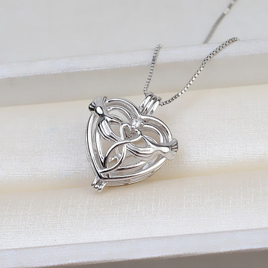 S925 Sterling Silver Angle Heart Pearl Cage Pendant - Feliz Pearl 