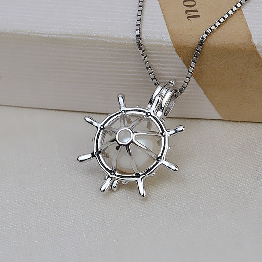 Sterling Silver Ship's Wheel Pearl Cage Pendant - Feliz Pearl 