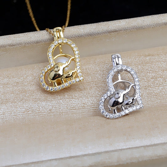 S925 Sterling Silver Heart Elephant Pearl Cage Pendant - Feliz Pearl 