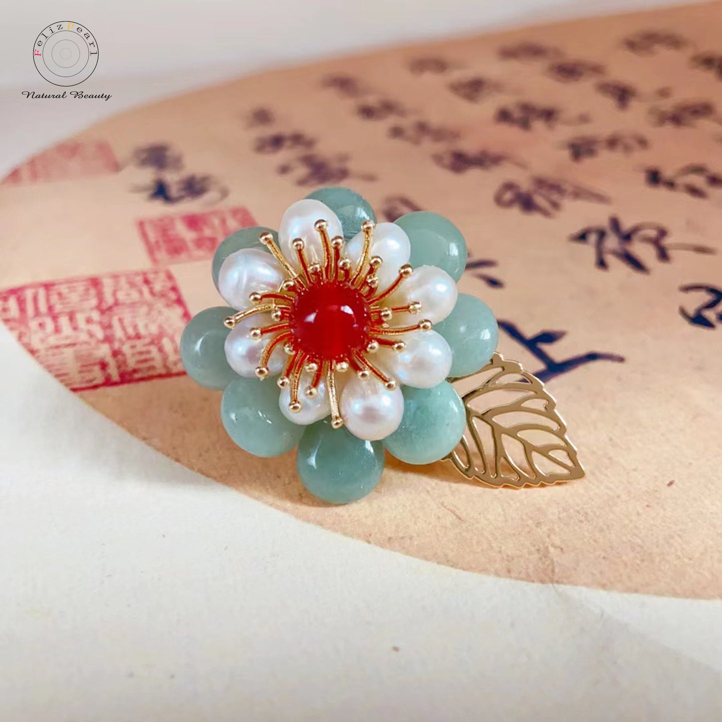 Asian Style. Green Aventurine Pearl Brooch - Feliz Pearl 