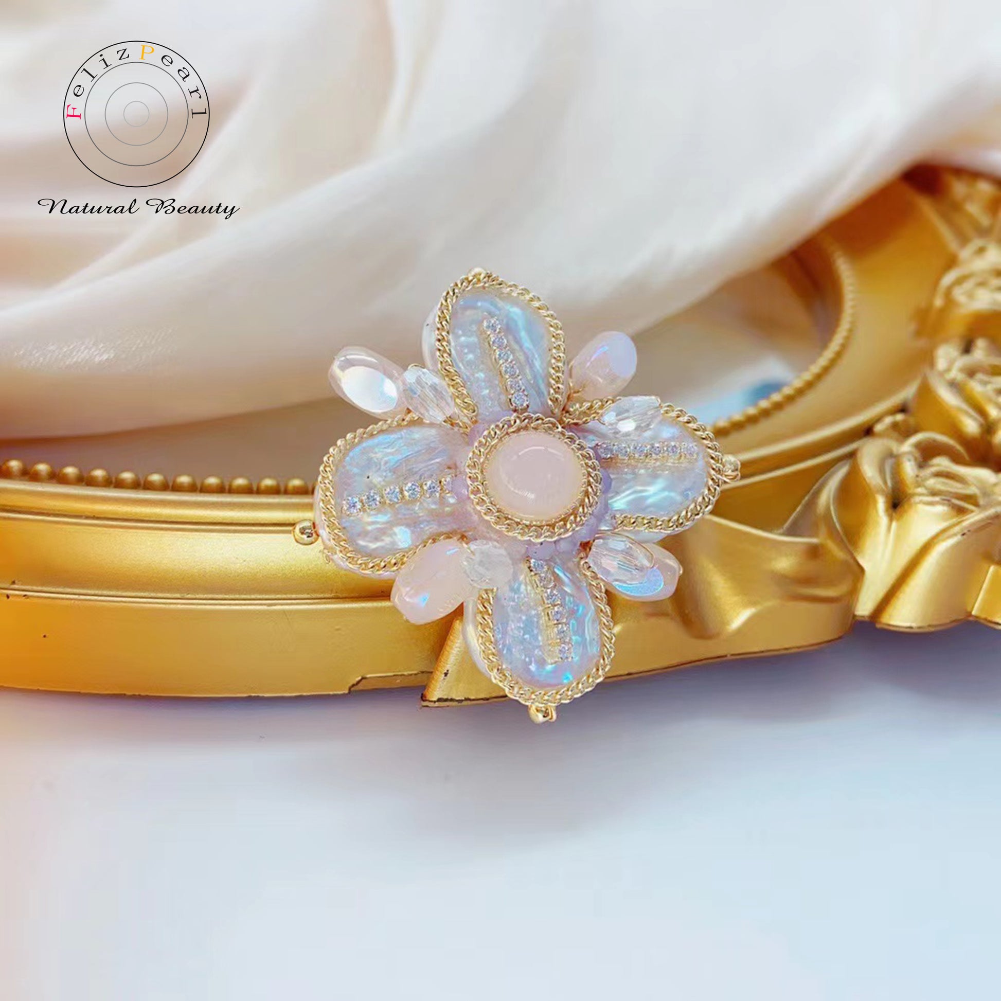 Vintage Baroque. Pink Crystal Freshwater Pearl Brooch - Feliz Pearl 