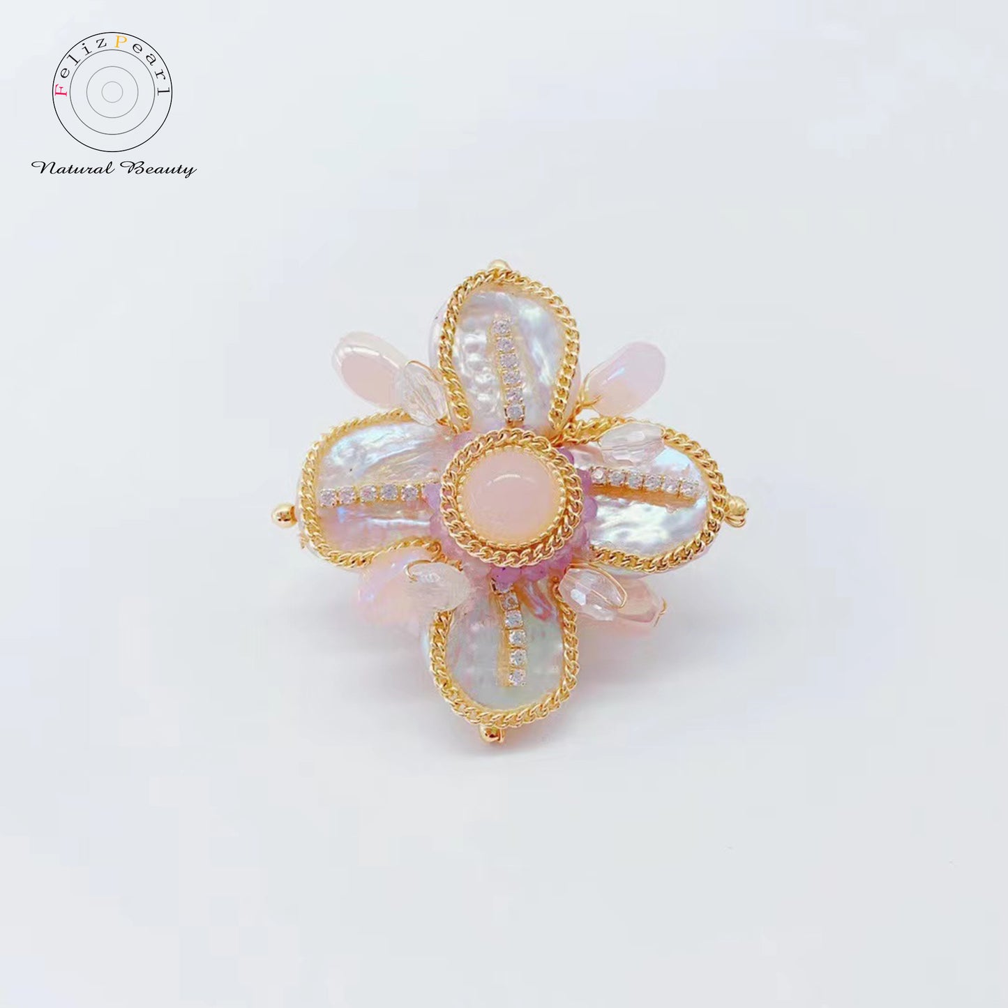 Vintage Baroque. Pink Crystal Freshwater Pearl Brooch - Feliz Pearl 
