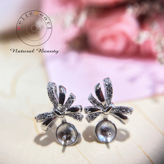 Luxury Cubic Zirconia Sterling Silver Bow Tie Pearl Earring Setting - Feliz Pearl 