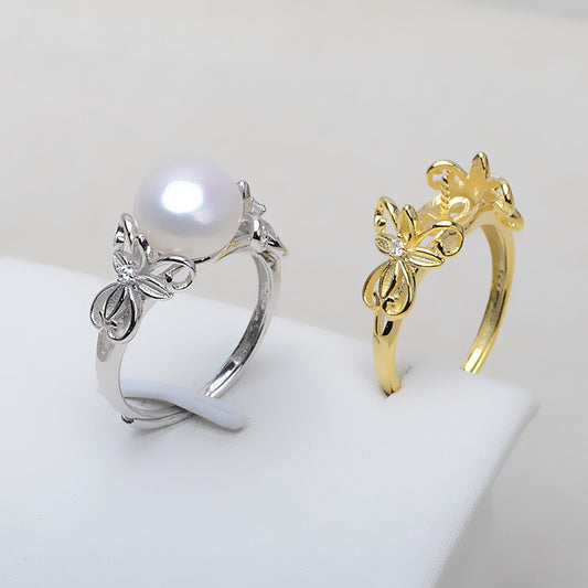 Silver Butterfly Pearl Ring Setting-Adjustable Size Pearl Ring - Feliz Pearl 
