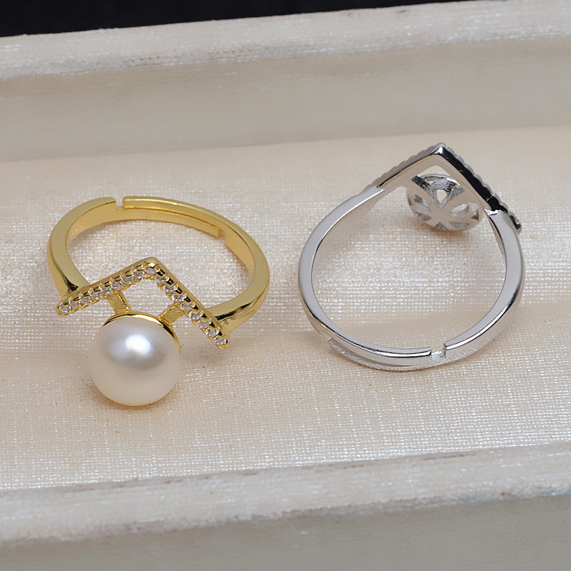 S925 Sterling Silver Cubic Zirconia V Pearl Ring Mounting - Feliz Pearl 