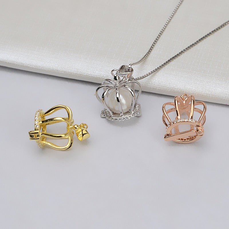 S925 Sterling Silver Cubic Zirconia Crown Pearl Cage Pendant - Feliz Pearl 
