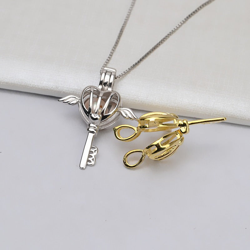 S925 Sterling Silver Angle Key Pearl Cage Pendant - Feliz Pearl 