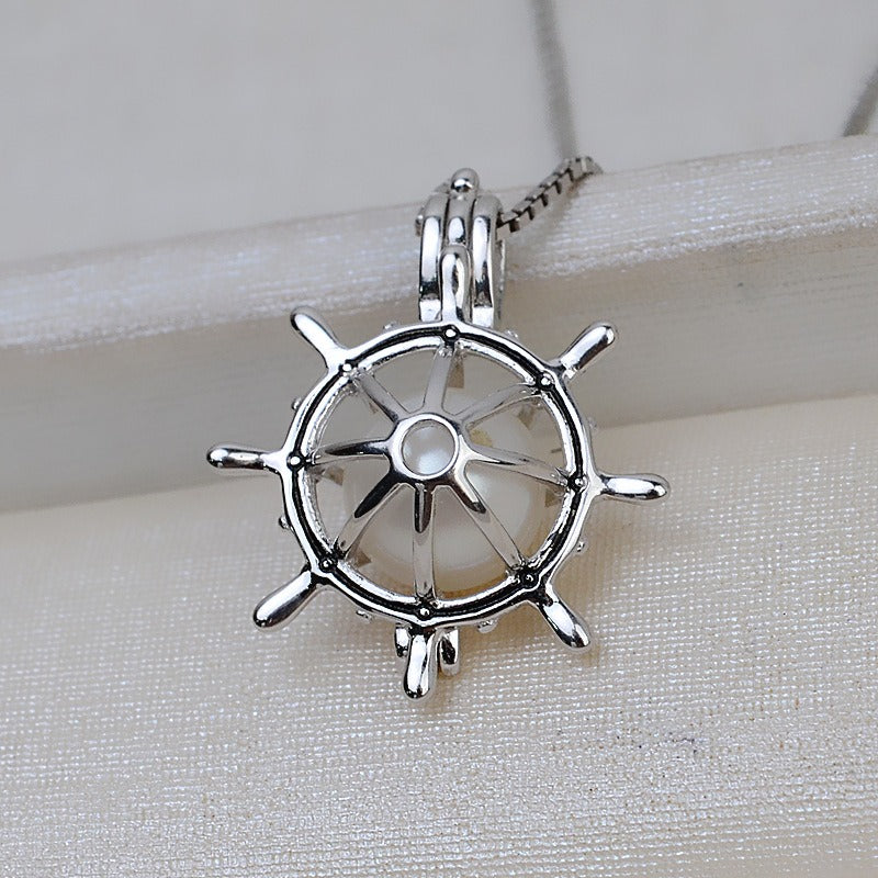 Sterling Silver Ship's Wheel Pearl Cage Pendant - Feliz Pearl 