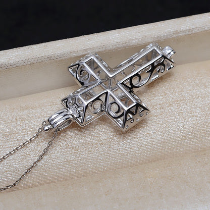 European Cross Silver Pearl Cage Pendant - Feliz Pearl 