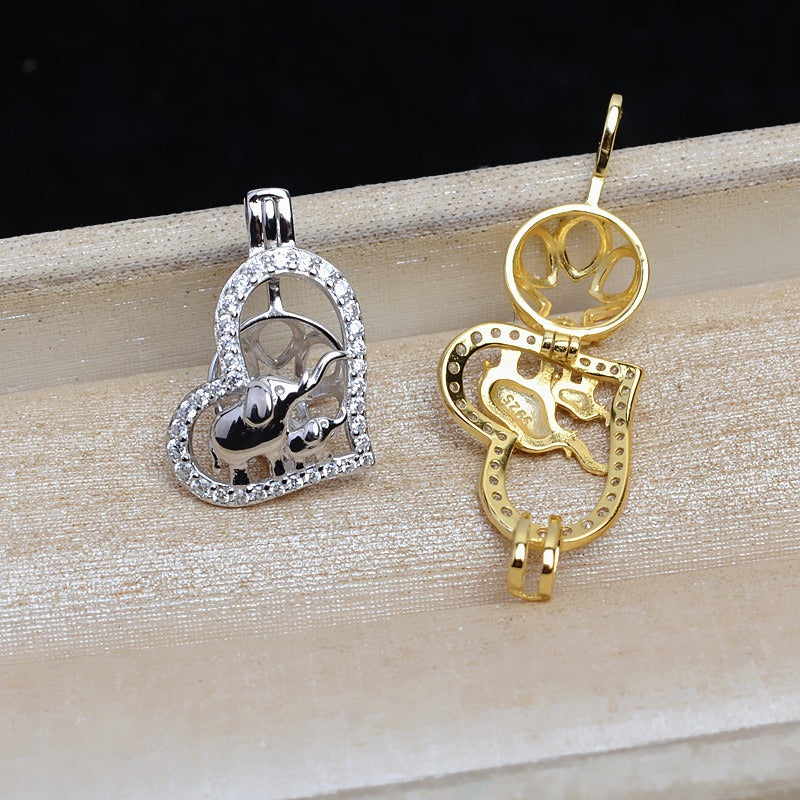 S925 Sterling Silver Heart Elephant Pearl Cage Pendant - Feliz Pearl 
