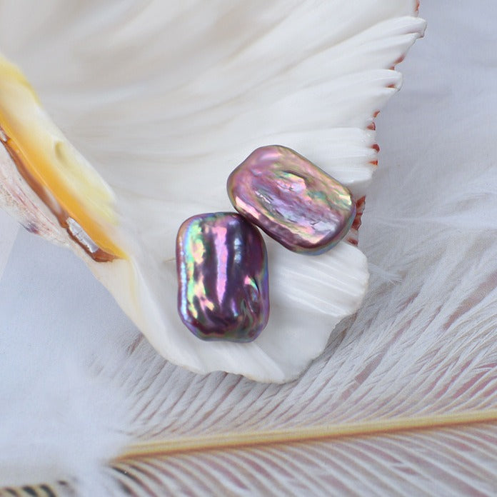 Rectangle Metallic Purple Baroque Pearl Stud Earring - Feliz Pearl 