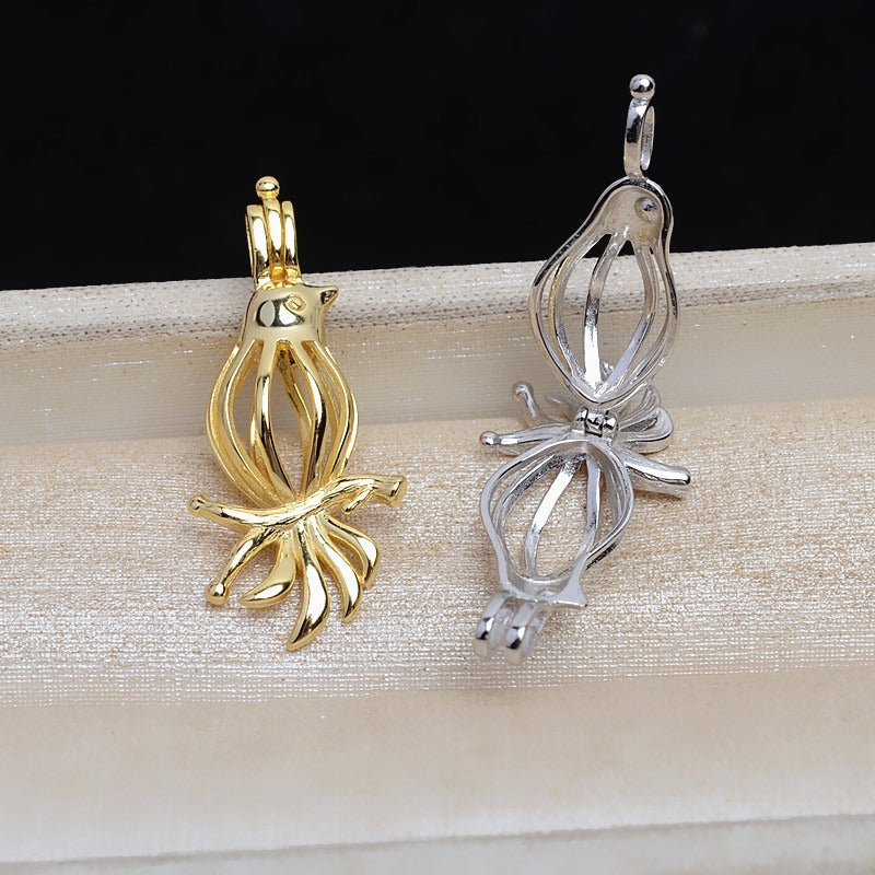 S925 Sterling Silver Bird Pearl Cage Pendant - Feliz Pearl 