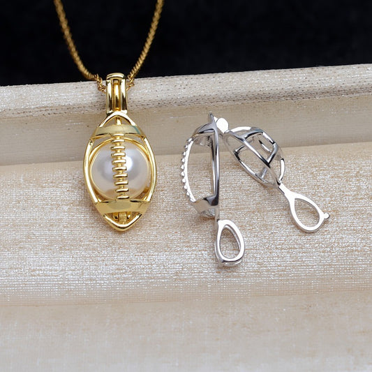 S925 Sterling Silver Football Pearl Cage Pendant - Feliz Pearl 