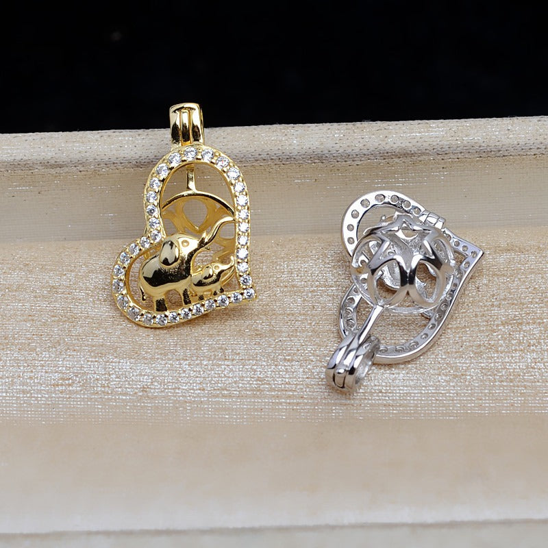 S925 Sterling Silver Heart Elephant Pearl Cage Pendant - Feliz Pearl 