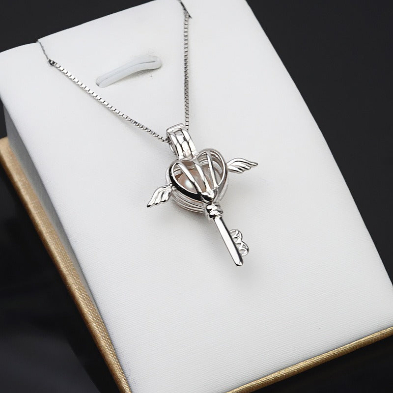 S925 Sterling Silver Angle Key Pearl Cage Pendant - Feliz Pearl 