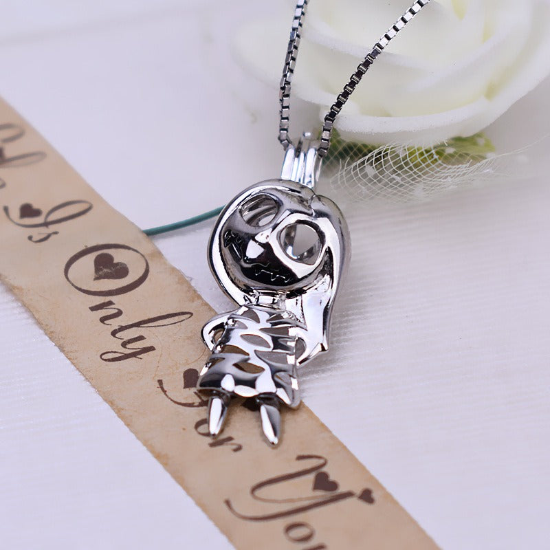 S925 Sterling Silver Halloween Skull Pearl Cage Pendant - Feliz Pearl 