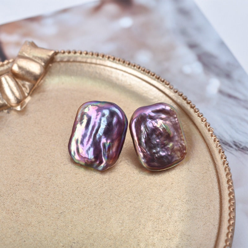 Rectangle Metallic Purple Baroque Pearl Stud Earring - Feliz Pearl 