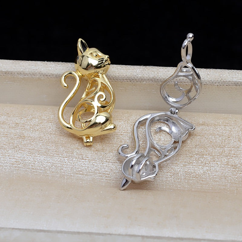 S925 Sterling Silver Elegant Cat Pearl Cage Pendant - Feliz Pearl 