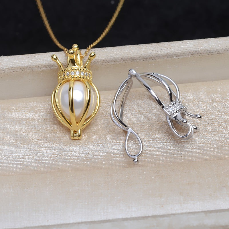 S925 Sterling Silver Crown Balloon Pearl Cage Pendant - Feliz Pearl 