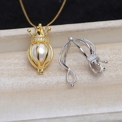 S925 Sterling Silver Crown Balloon Pearl Cage Pendant - Feliz Pearl 