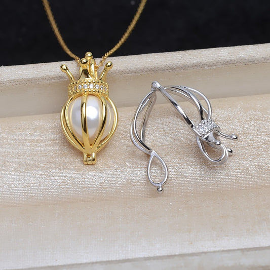 S925 Sterling Silver Crown Balloon Pearl Cage Pendant - Feliz Pearl 