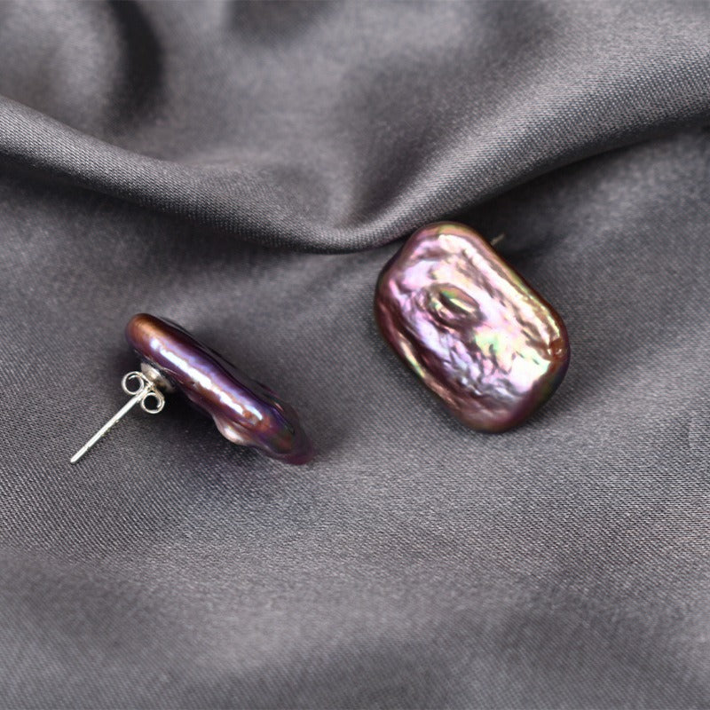 Rectangle Metallic Purple Baroque Pearl Stud Earring - Feliz Pearl 