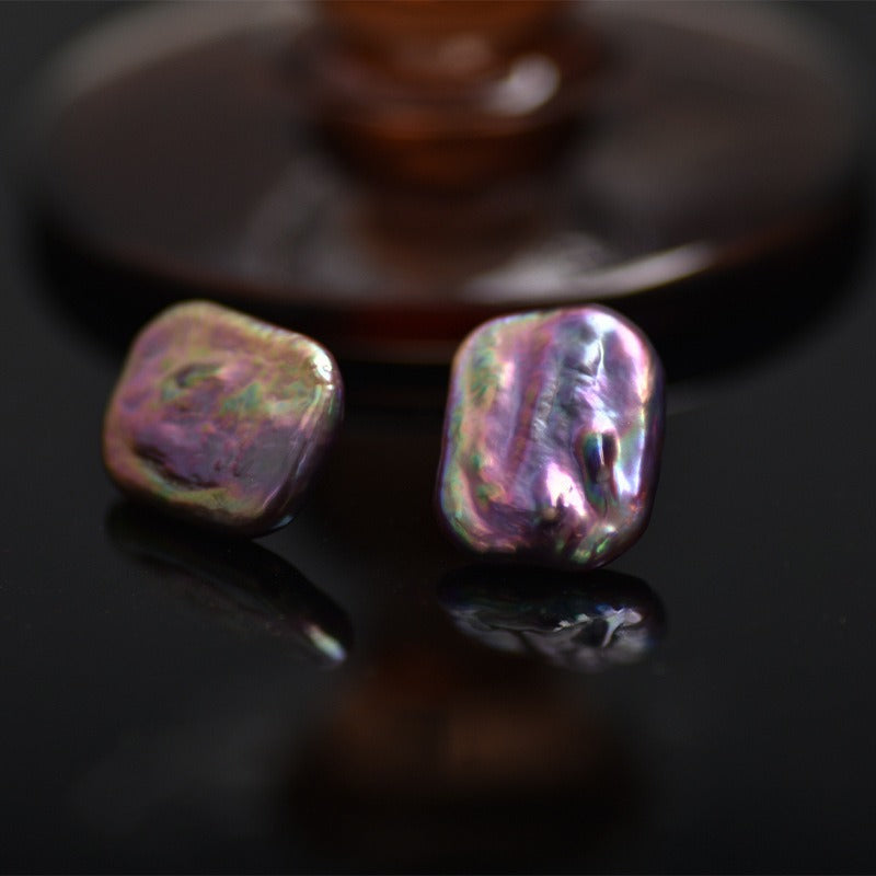 Rectangle Metallic Purple Baroque Pearl Stud Earring - Feliz Pearl 