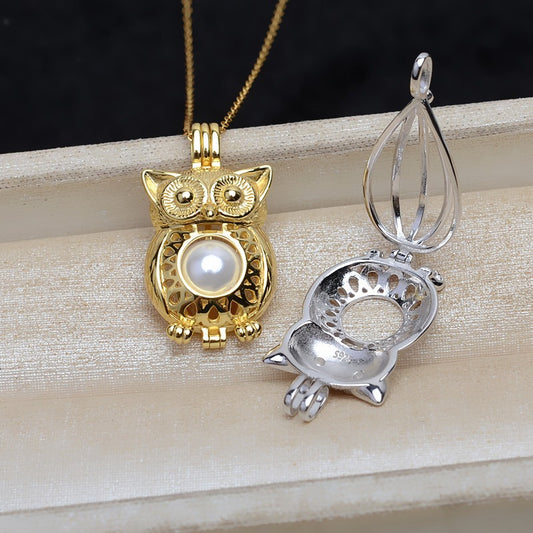 S925 Sterling Silver Owl Pearl Cage Pendant - Feliz Pearl 