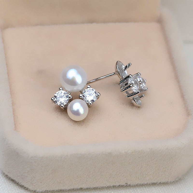 Women Silver CZ Flower Pearl Stud Earring DIY Setting