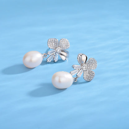 Cubic Zirconia Flower Pearl Earring Setting-S925 Sterling Silver - Feliz Pearl 