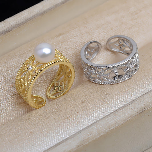 Vintage Hollow Wide Band Pearl Ring Setting-Adjustable Size Ring - Feliz Pearl 