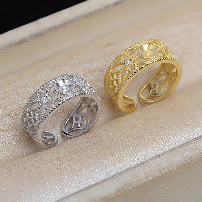 Vintage Hollow Wide Band Pearl Ring Setting-Adjustable Size Ring - Feliz Pearl 