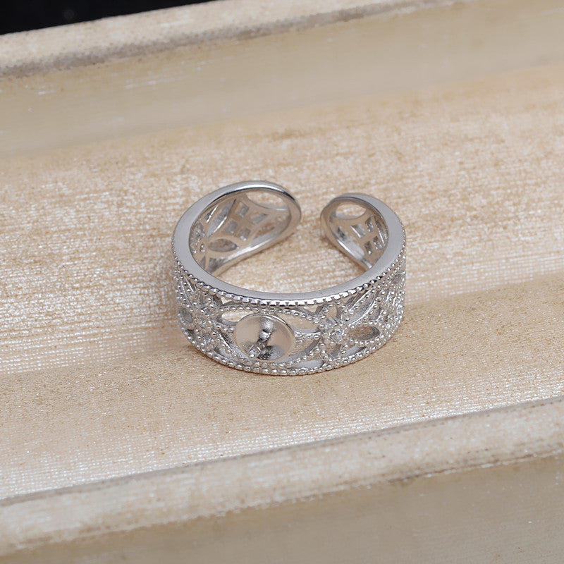 Vintage Hollow Wide Band Pearl Ring Setting-Adjustable Size Ring - Feliz Pearl 