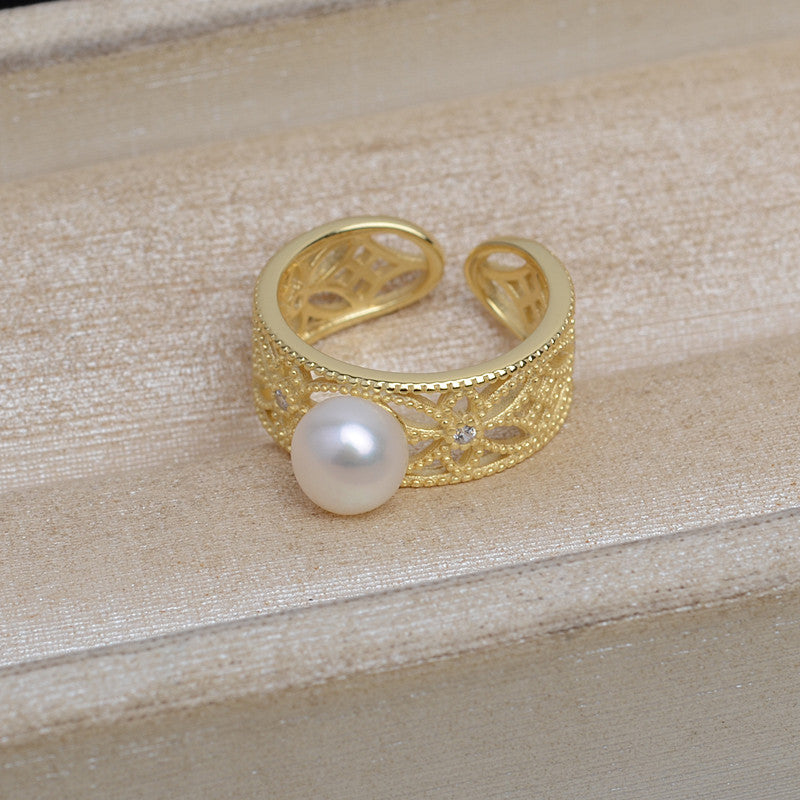Vintage Hollow Wide Band Pearl Ring Setting-Adjustable Size Ring - Feliz Pearl 