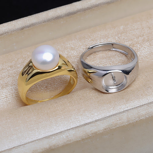 S925 Sterling Silver Vintage Wide Band Button Pearl Ring Setting - Feliz Pearl 
