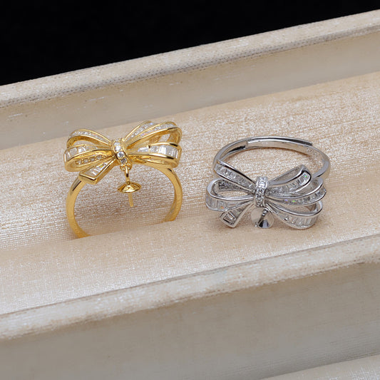 Adjustable Size CZ Bow Tie Pearl Ring Mounting-S925 Sterling Silver - Feliz Pearl 